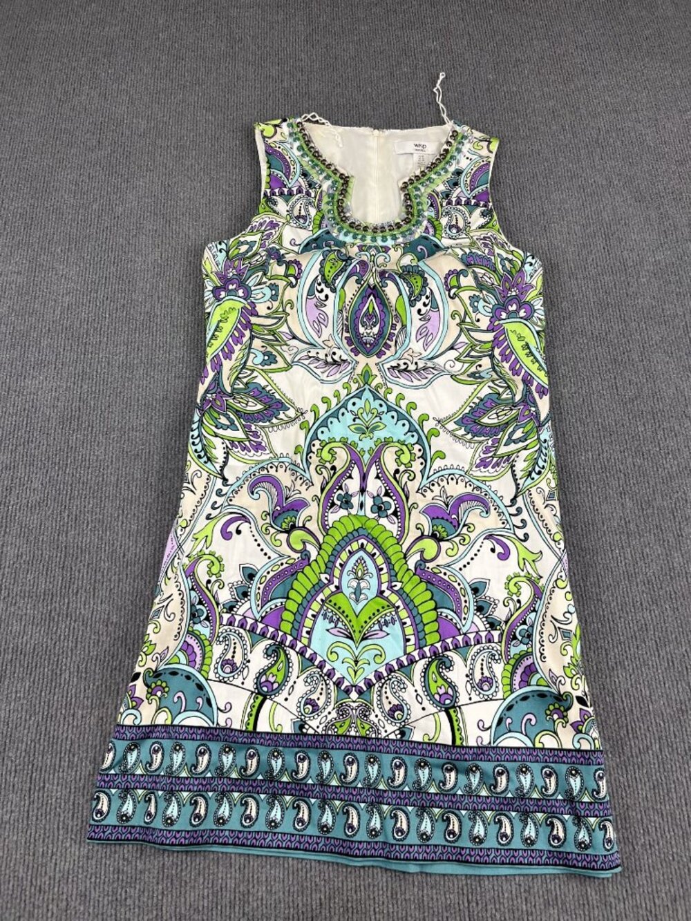 Wisp Womens Petite Sleeveless Beaded Neck Floral Paisley Dress US 8P Multicolor